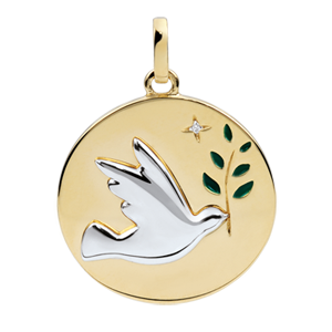 Médaille Colombe au rameau - Laque verte - 1 Diamant - or blanc et or jaune 18 carats