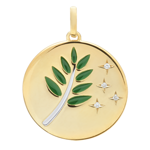 Médaille Rameau d'Olivier - Laque verte - 4 Diamants - or blanc et or jaune 9 carats