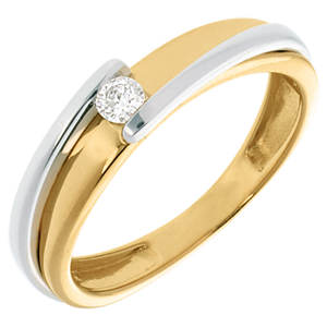 Pierścionek z zachodzącymi na siebie ramionami i jednym diamentem - diament 0,08 karata - złoto białe i złoto żółte 18-karatowe