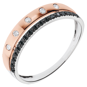 Obrączka Feeria - Gwieździsta Korona - mały model - złoto białe i różowe 9-karatowe oraz czarne diamenty