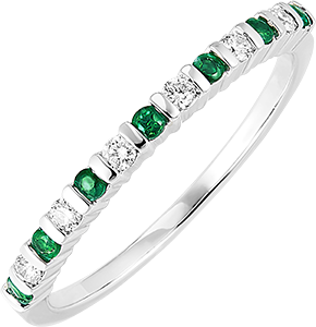 Bird of Paradise wedding band - emeralds and diamonds - 9 carat white gold