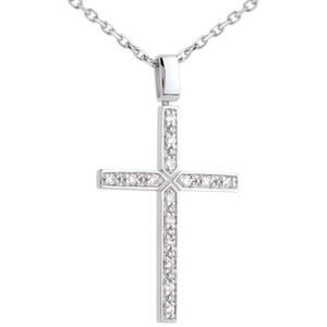 Pendentif croix or blanc 18 carats diamant pavée - 0.15 carat