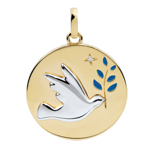 Medaille Duif en Olijftak - Blauwe Lak - 1 Diamant - 18 karaat witgoud en geelgoud