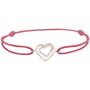Bi-colour Rose and White Gold Diamond Entwined Heart Bracelet with a red cord