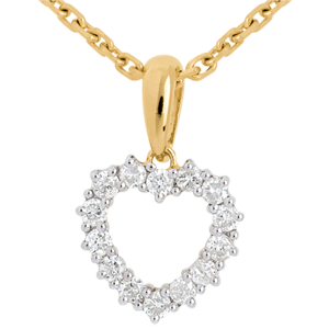 Pendentif Coeur échancré diamants - 0.25 carat - 14 diamants - or jaune 18 carats