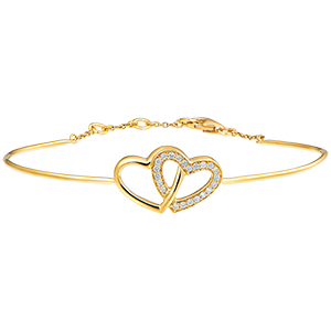 Bracelet Jonc Précieux Secret - Cœurs Amoureux - or jaune 9 carats et diamants