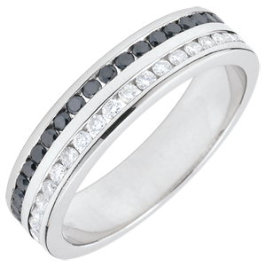 Fede oro bianco diamanti bianchi e diamanti neri semi pavée - incastonato rotaia 2 file - 0.38 carati - 42 diamanti 