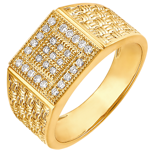 Ring Dämmerschein - Siegelring mit Gewebeoptik - 18 Karat Gelbgold und Diamanten