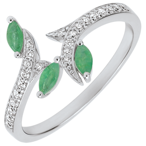 Ring Mysterious Woods - white gold, diamonds and emeralds boats - 18 carats
