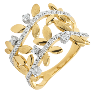Ring Verzauberter Garten - Zweifach Königliches Blattwerk - Gelbgold und Diamanten - 18 Karat