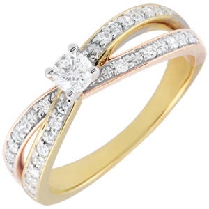 Solitaire Ring Saturn Duo double diamond - three golds - 0.15 carat