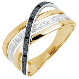 Ring Saturn Quadri - yellow gold - black and white diamonds - 18 carat