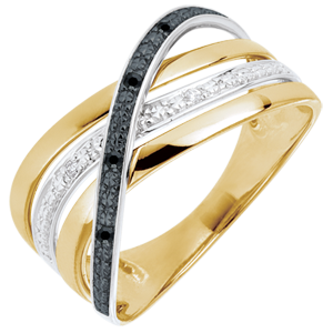 Ring Saturnus Vierling - 18 karaat witgoud en geelgoud - zwarte en witte Diamanten