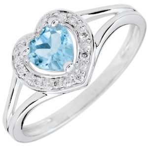 Anello Cuore Incantato - Oro bianco - 18 carati - 10 Diamanti - Topazio blu 