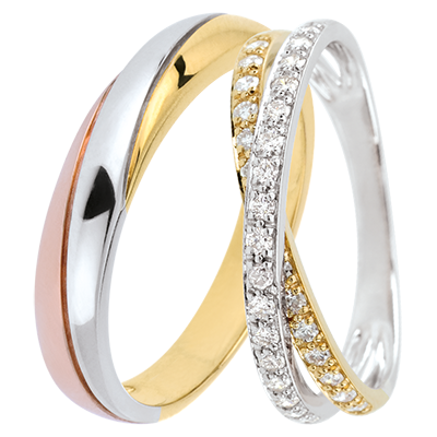 Duo de alianzas Saturne – Tres oros & oro amarillo y blanco con diamantes – 9 quilates