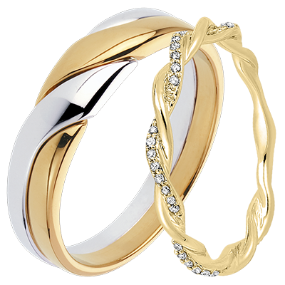Duo of Wedding Bands Attraction & Olympe – Yellow and White Gold & Yellow Gold with Diamonds – 18 Carat