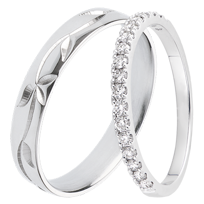 Duo trouwringen Jardin Enchanté & Bettina – Witgoud & diamanten – 18 karaat Duo trouwringen Jardin Enchanté & Bettina – Witgoud & diamanten – 18 karaat
