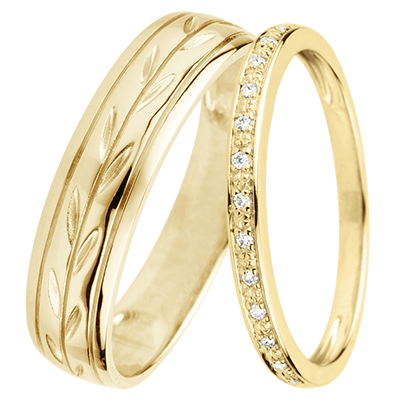 Duo trouwringen Jardin Enchanté & Éclat de diamants – Geelgoud & diamanten – 9 karaat Duo trouwringen Jardin Enchanté & Éclat de diamants – Geelgoud & diamanten – 9 karaat