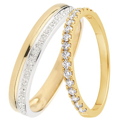 Elegance & Bettina Trouwringen Duo – Wit- en Geelgoud & Geelgoud met Diamanten – 18 karaat Elegance & Bettina Trouwringen Duo – Wit- en Geelgoud & Geelgoud met Diamanten – 18 karaat
