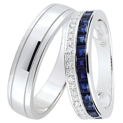 Horizon & Zodiaque Dubbels Fijn Trouwringen – Witgoud, Saffieren en Diamanten – 9 karaat Horizon & Zodiaque Dubbels Fijn Trouwringen – Witgoud, Saffieren en Diamanten – 9 karaat
