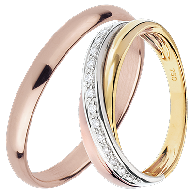 Origine & Saturne Alliantie-duo – Roségoud, driekleurig goud & diamanten – 18 karaat Origine & Saturne Alliantie-duo – Roségoud, driekleurig goud & diamanten – 18 karaat