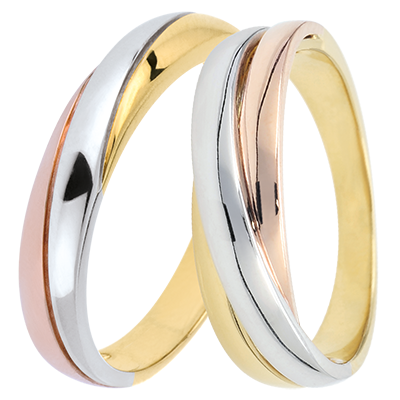 Saturne duo trouwringen – drie kleuren goud – 9 karaat Saturne duo trouwringen – drie kleuren goud – 9 karaat