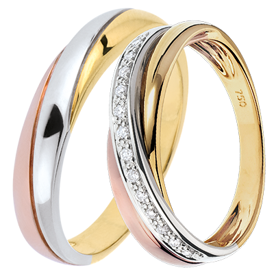 Saturne duo trouwringen – Drie kleuren goud & diamanten – 18 karaat Saturne duo trouwringen – Drie kleuren goud & diamanten – 18 karaat