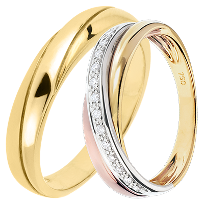 Saturne duo trouwringen – Geelgoud & driemaal goud met diamanten – 18 karaat Saturne duo trouwringen – Geelgoud & driemaal goud met diamanten – 18 karaat