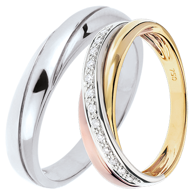 Saturne duo trouwringen – Witgoud, drie kleuren goud & diamanten – 18 karaat Saturne duo trouwringen – Witgoud, drie kleuren goud & diamanten – 18 karaat