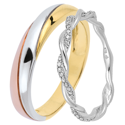 Saturne & Olympe Dubbelen Trouwringset – Drie gouden kleuren, witgoud en diamanten – 9 karaat Saturne & Olympe Dubbelen Trouwringset – Drie gouden kleuren, witgoud en diamanten – 9 karaat
