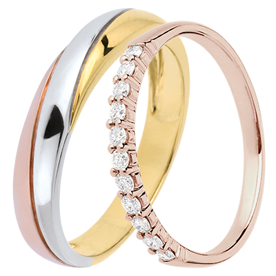Saturne & Origine Wedding Rings Duo – Three Golds & Rose Gold with Diamonds – 18 Carat Saturne & Origine Wedding Rings Duo – Three Golds & Rose Gold with Diamonds – 18 Carat