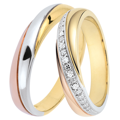 Saturne Trouwring Duo – Drie kleuren goud & diamanten – 9 karaat Saturne Trouwring Duo – Drie kleuren goud & diamanten – 9 karaat