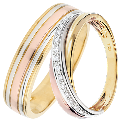 Ulysse & Saturne Wedding Ring Duo – Three Golds & Diamonds – 18 Carat