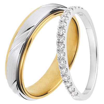 Viking & Bettina Wedding Ring Duo – white and yellow gold & white gold with diamonds – 18 carat